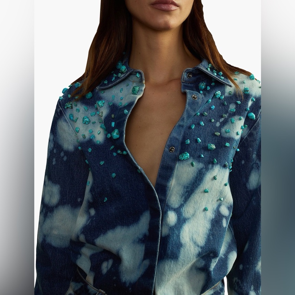 Cynthia Rowley Bleach Effect Turquoise Embellished Shirt